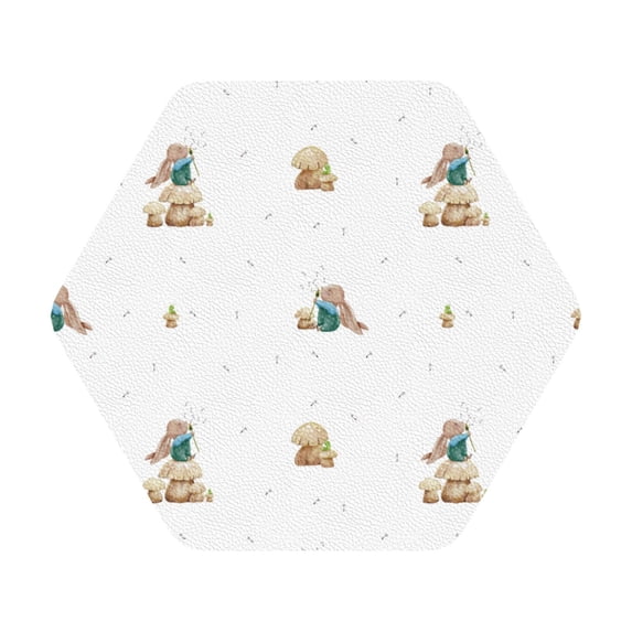 Fuzoiu Rabbit Blowing Dandelions Print Leather Coasters Set,Drink Coasters Set of 6,for Tabletop Protection, Durable PVC Coasters,Home Décor and Housewarming Gift,Hexagon