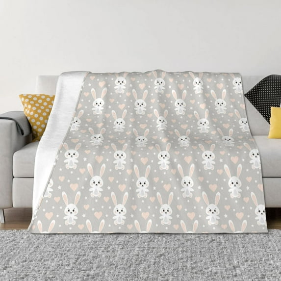 Fuzoiu Rabbit And Heart Print Flannel Blanket,Throw Blanket,Flannel Home Decor,Fleece Bed Blankets,Cozy Soft Blanket for Bed, Sofa, Camping, and Travel-40"x30"