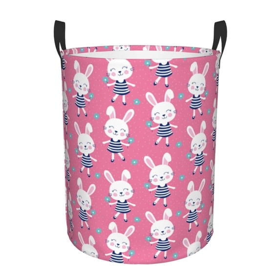 Fuzoiu Rabbit Holding Flowers Print Circular Hamper,Laundry Basket with Handle,Collapsible Laundry,Dirty Clothes Storage Basket,for Bedroom Bathroom Dorm Living Room-Small