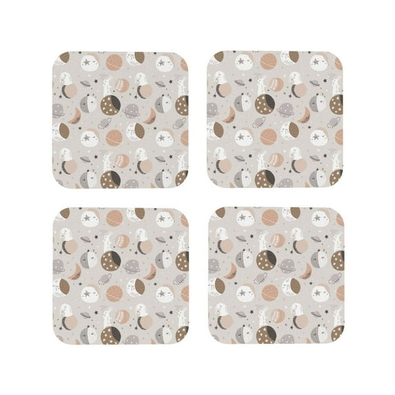 Fuzoiu Rabbit In Space Print Leather Coasters Set,Drink Coasters Set of 4,for Tabletop Protection, Durable PVC Coasters,Home Décor and Housewarming Gift-Square