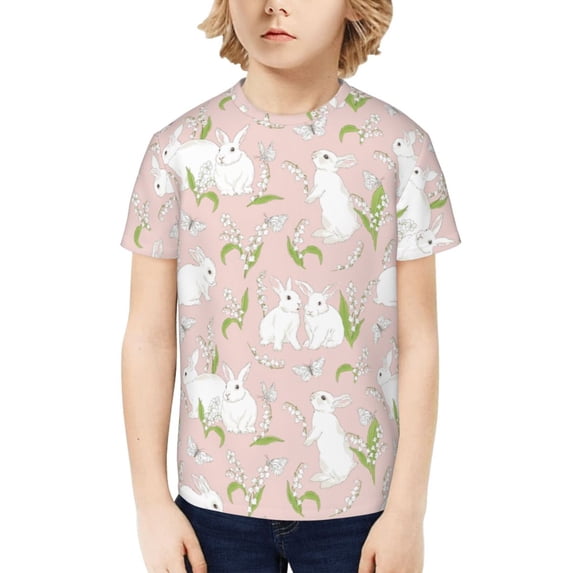 Fuzoiu Rabbit Print Boys' Casual T-Shirt,Crewneck Undershirts,Boys Athletic Shirt,Short Sleeve T-Shirts for Outdoor Play
