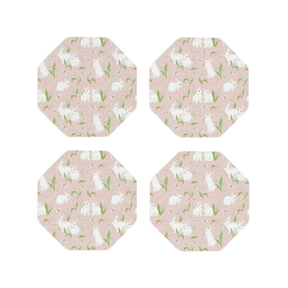 Fuzoiu Rabbit Print Leather Coasters Set,Drink Coasters Set of 4,for Tabletop Protection, Durable PVC Coasters,Home Décor and Housewarming Gift-Octagon
