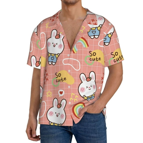Fuzoiu Rabbit So Cute Print Men's Casual Short,Men's Short Sleeve Shirt,Mens Casual Button Down Shirts,Cuban Collar Summer Shirt for Beach, Vacation, and Outdoor Activities-Medium