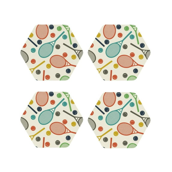 Fuzoiu Racket and Tennis Ball Print Leather Coasters Set,Drink Coasters Set of 4,for Tabletop Protection, Durable PVC Coasters,Home Décor and Housewarming Gift-Hexagon
