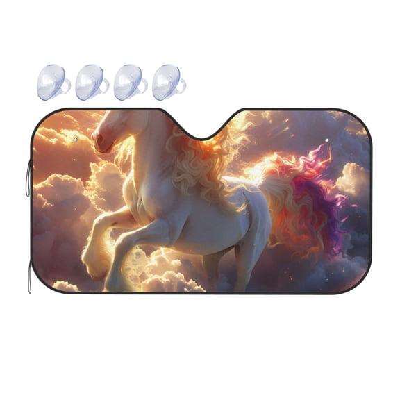 Fuzoiu Rainbow Cloud White Horse Print Car Windshield Sunshade,Foldable Reflective Sun Visor,Windshield Sun Shade,UV Rays Sun Visor Shade,Auto Front Sun Shield Shade-Small