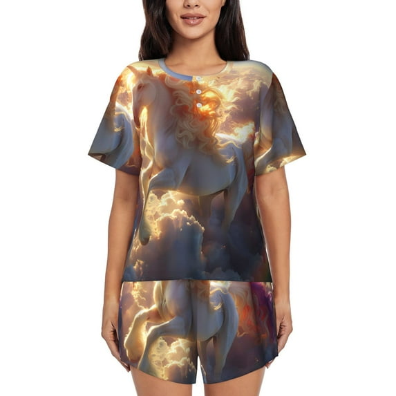 Fuzoiu Rainbow Cloud White Horse Print Women's Short-Sleeved Pajama Set,Lounge Sleepwear Set,Womens Pajama Sets 2 Piece,Button-Up Top and Shorts with Pockets-Medium