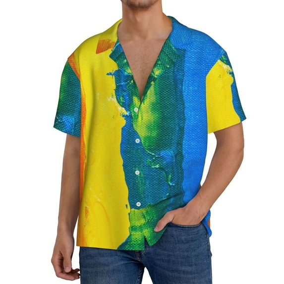 Fuzoiu Rainbow Colored Print Men's Casual Short,Men's Short Sleeve Shirt,Mens Casual Button Down Shirts,Cuban Collar Summer Shirt for Beach, Vacation, and Outdoor Activities-Large