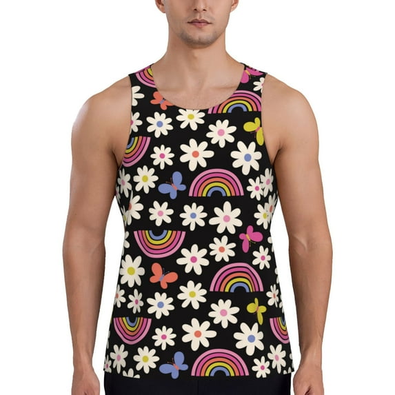 Fuzoiu Rainbow Flowers Print Men's Workout Tank Tops,Sleeveless Gym Shirt Quick Dry,Fitness Bodybuilding T-Shirt,Muscle Athletic Workout Tee-3X-Large