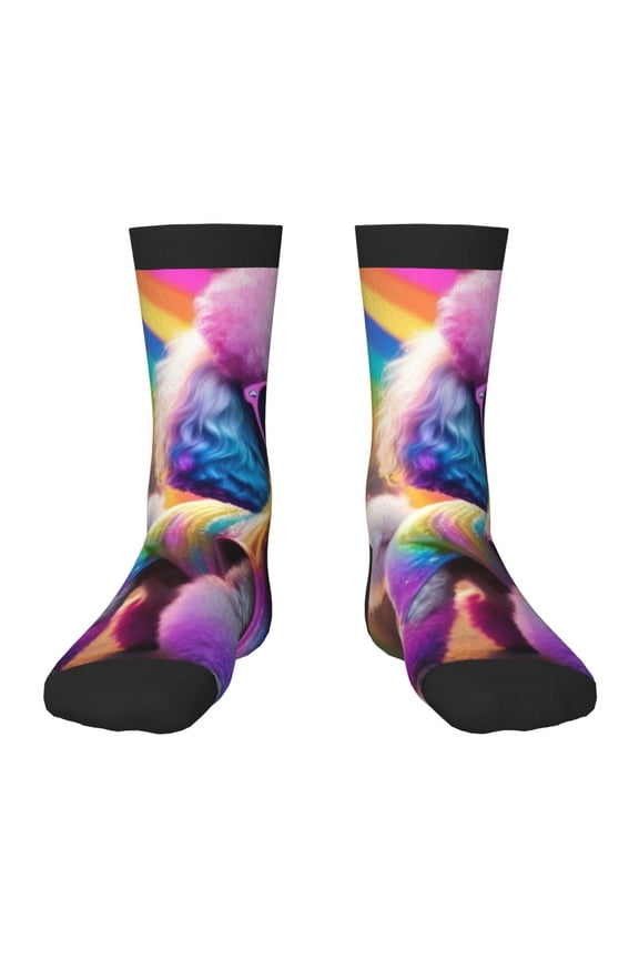 Rainbow Poodle Urban Street Print Kids Socks For Boys Girls,Grip Crew Socks with Non Slip,Lightweight Stretch Crew Socks,Toddlers Crew Boot Socks