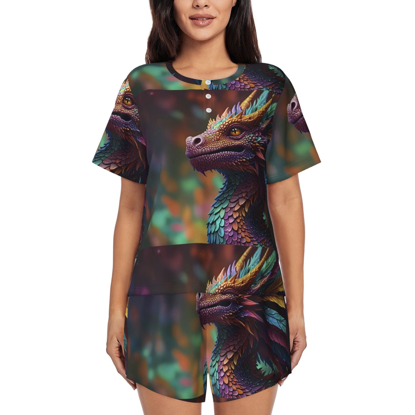 Fuzoiu Rainbow Scales Fantasy Dragon Print Women's Short-Sleeved Pajama ...