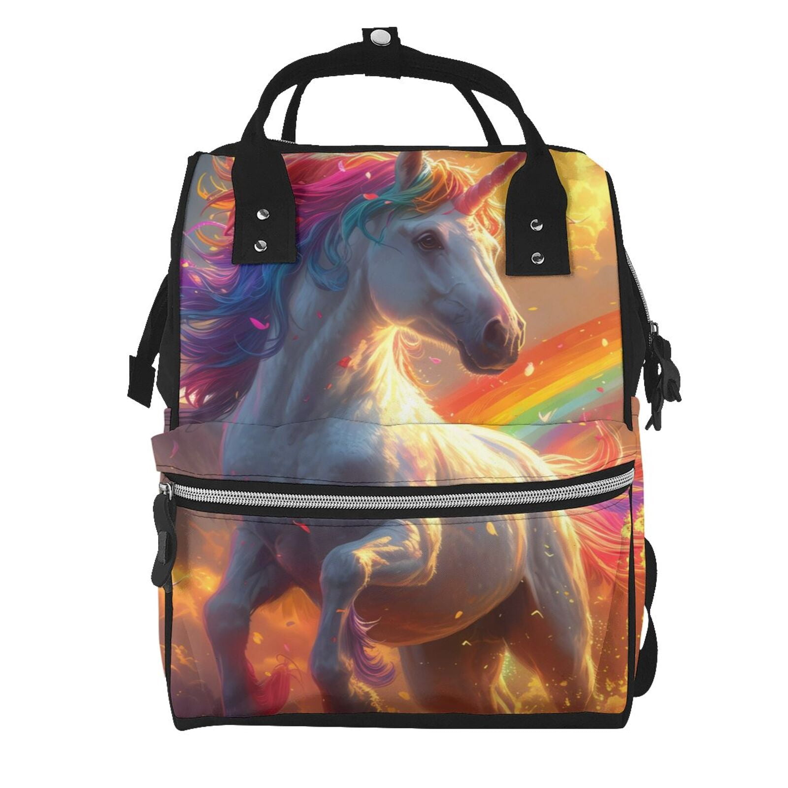 Fuzoiu Rainbow Sunset Cloud White Horse Print Diaper Bag Backpack,Baby Essentials Travel Tote,Multi function Waterproof Diaper Bag, Travel Essentials Baby Bag - Unisex