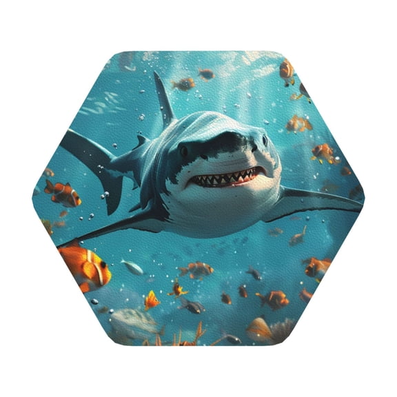Fuzoiu Realistic Ocean Shark Print Leather Coasters Set,Drink Coasters Set of 6,for Tabletop Protection, Durable PVC Coasters,Home Décor and Housewarming Gift,Hexagon
