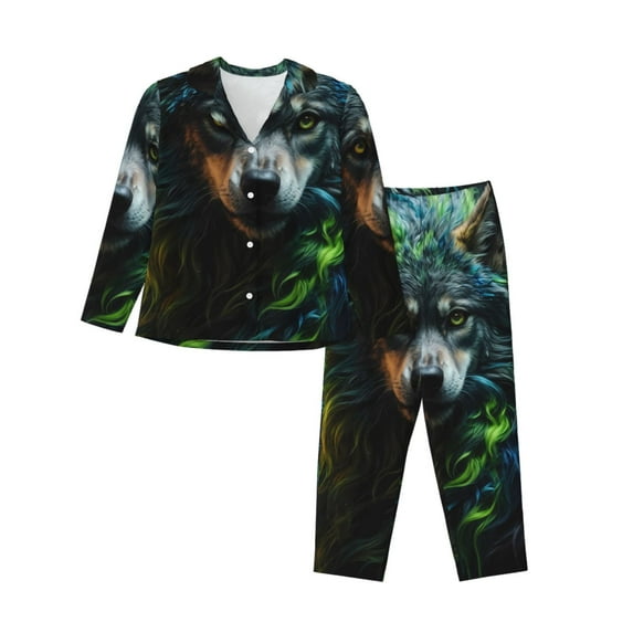 Fuzoiu Realistic Style Colorful Wolf A Print Women's Long-Sleeved Pajama,Lounge Button Down Nightwear,Womens Notch Collar Pajama Set-XX-Large