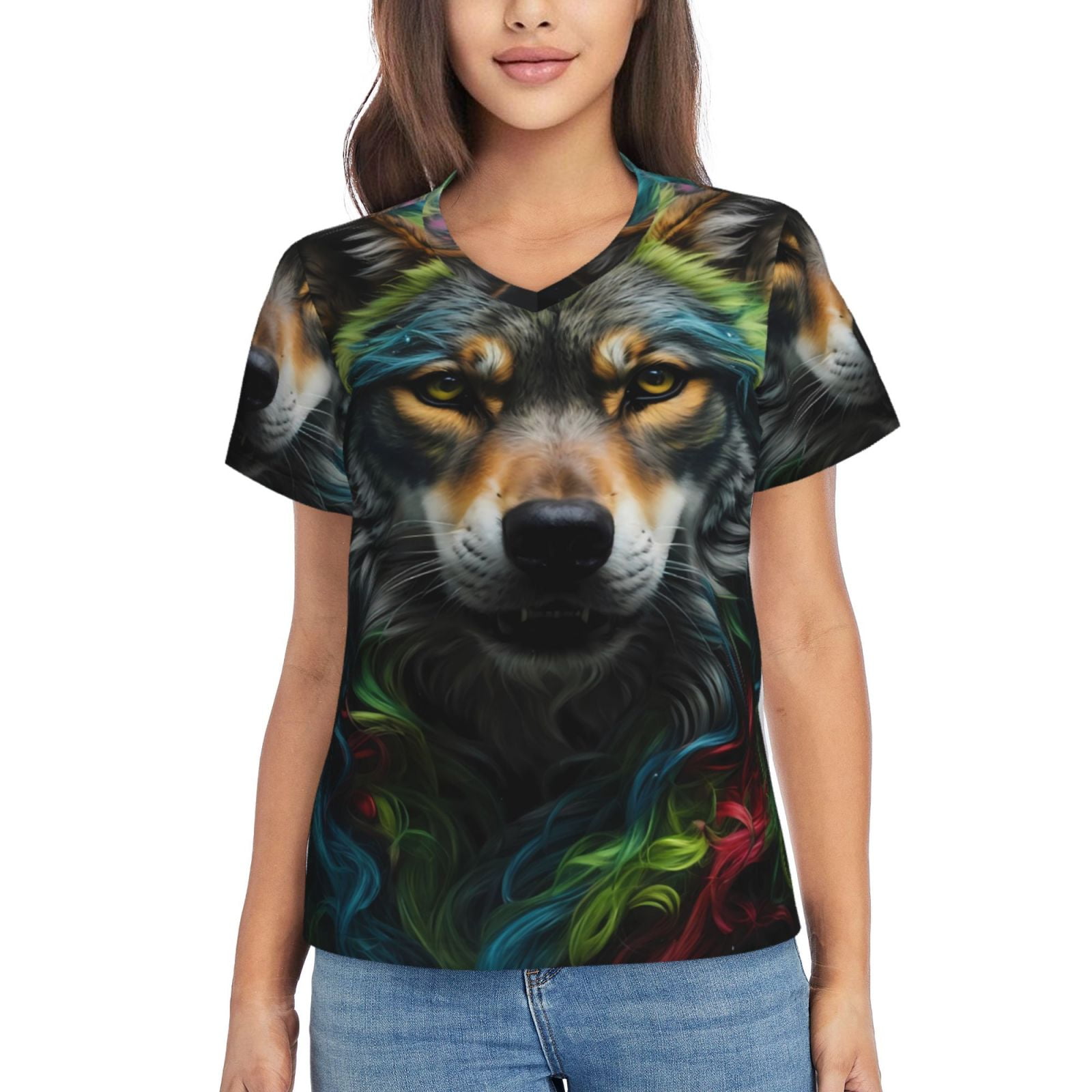 Fuzoiu Realistic Style Colorful Wolf Print Women's Classic V-Neck T ...
