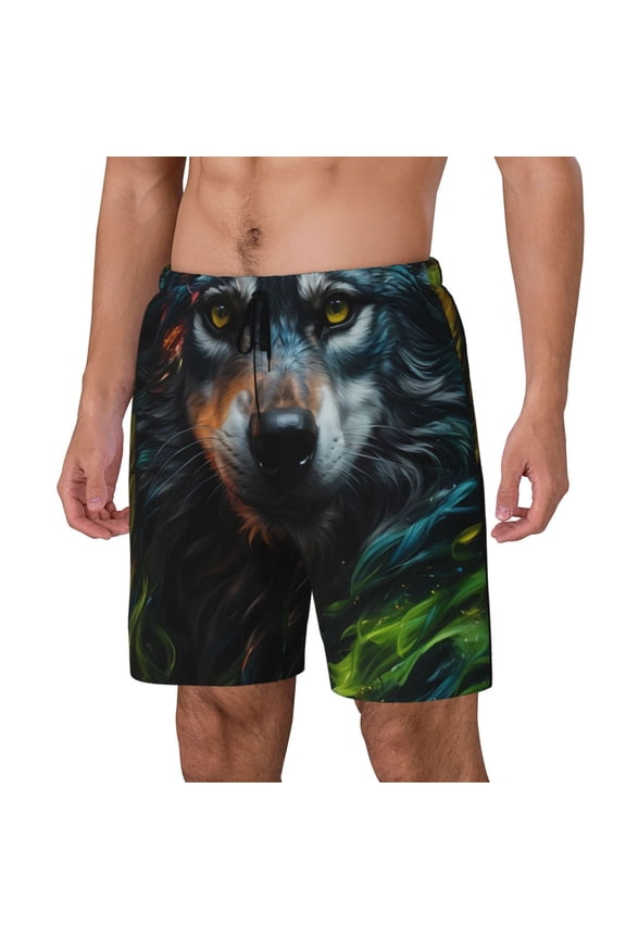 Realistic Style Green Fur Wolf Print Men's Swim Shorts,Quick-Dry Double-Layer Swim Trunks,Board Trunks,Beach Shorts Swimwear Bathing Suits-X-Large