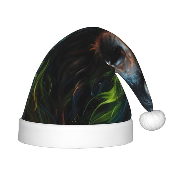 Fuzoiu Realistic Style Green Fur Wolf Print Santa Hat Christmas Hat for kids,Santa Hats with Pompom, Unisex Xmas Holiday Hat for Christmas New Year Festive Party Supplies