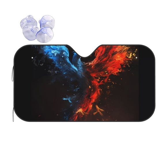 Fuzoiu Red And Blue Fire Bird Print Car Windshield Sun Shade,Block Uv Rays Sunshade,Foldable Front Window Sun Visor Protector for Car,SUV,Truck-Keep Vehicle Cool-Red And Blue Fire Bird