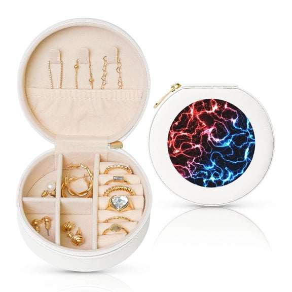 Fuzoiu Red And Blue Lightning Print Portable Jewelry Box,Round Mini Leather Travel Jewelry Case,Small Travel Jewelry Organizer,Jewelry Holder for Ring Necklace Earring for Women Girls-White