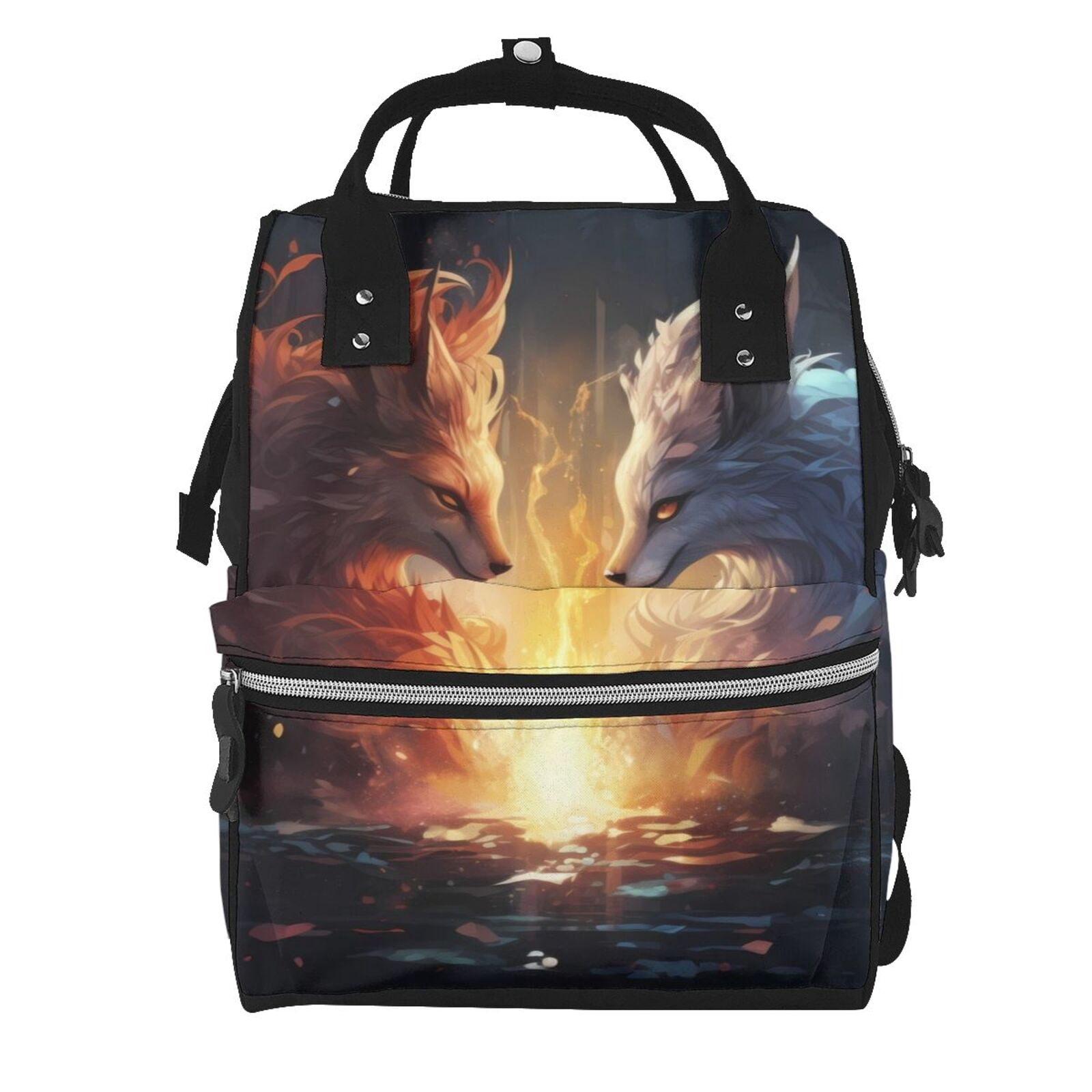 Fuzoiu Red And White Flame Fox Print Diaper Bag Backpack,Baby Essentials Travel Tote,Multi function Waterproof Diaper Bag, Travel Essentials Baby Bag - Unisex