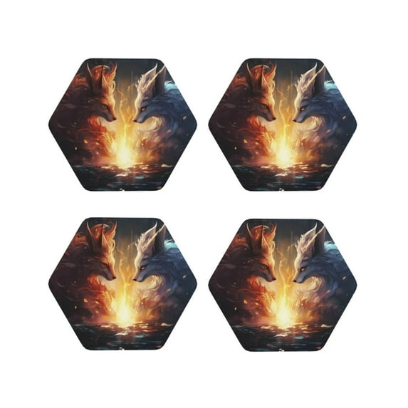 Fuzoiu Red And White Flame Fox Print Leather Coasters Set,Drink Coasters Set of 4,for Tabletop Protection, Durable PVC Coasters,Home Décor and Housewarming Gift-Hexagon