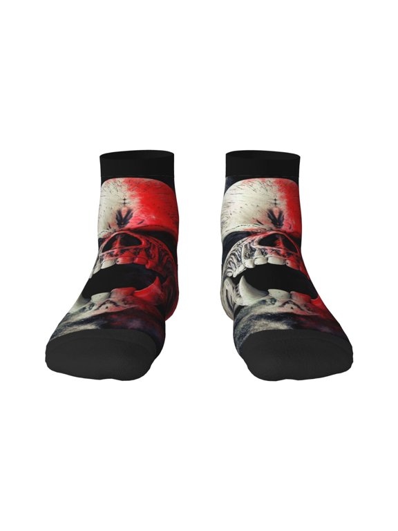 Red And White Screaming Demon Skull Print Adult Socks, Crew Moisture-wicking Socks, Unisex Cushion Crew Socks,Casual Sports Ankle Socks