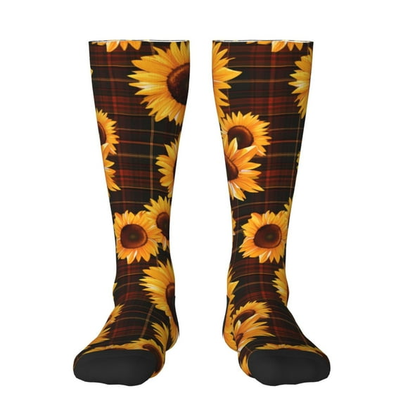 Fuzoiu Red Black Plaid Sunflower Print Adult Stockings,Crew Socks,Unisex Fashion Socks, Casual Sports Socks,Comfortable Crew Socks for Everyday Wear and Sports