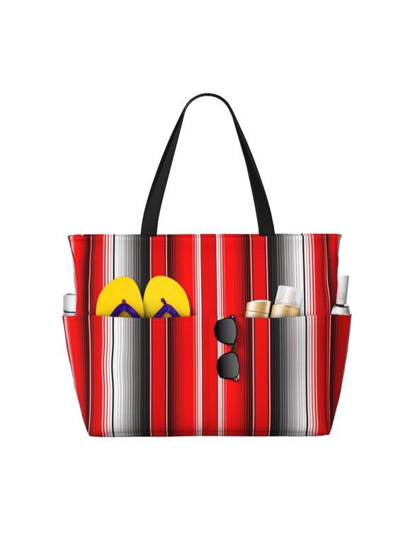 Red Black and White Serape Blanket Stripes Print Waterproof Beach Tote Bag for Women Girls with Zipper,Sandproof Pool Swim Bag,Large Capacity Beach Travel Bag for Pool Swim Travel Everyday