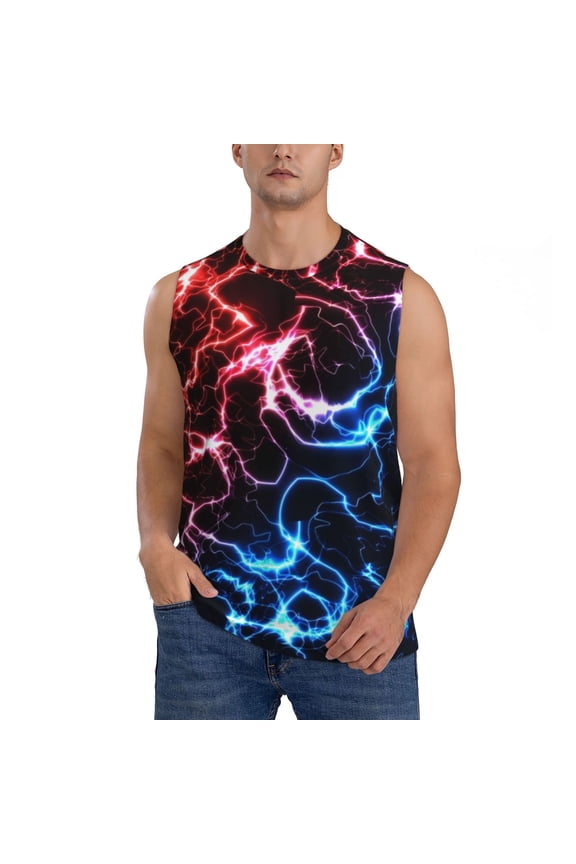 Red And Blue Lightning Print Men's Sleeveless T-shirt,Sleeveless Tee Shirts,Quick-Dry Athletic Tank Top for Gym, Running, Sports & Outdoor Activities-Large