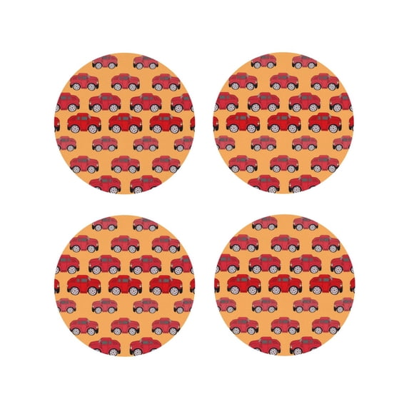 Fuzoiu Red Cars Print Leather Coasters Set,Drink Coasters Set of 4,for Tabletop Protection, Durable PVC Coasters,Home Décor and Housewarming Gift-Round Shape