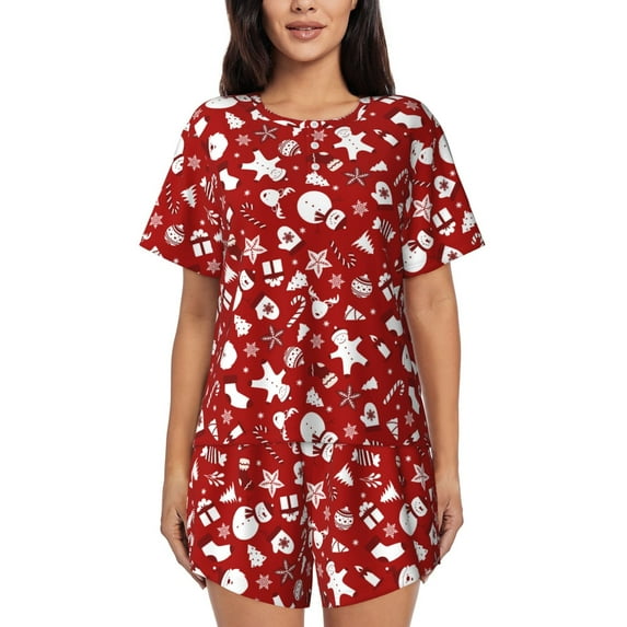 Fuzoiu Red Christmas Cheer. Print Women's Short-Sleeved Pajama Set,Lounge Sleepwear Set,Womens Pajama Sets 2 Piece,Button-Up Top and Shorts with Pockets-4X-Large