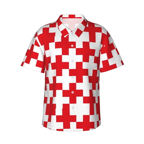 Fuzoiu Red Cross 1 Print Hawaiian Shirt for Men, Summer Beach Casual Short Sleeve Button Down Shirts, Men’s Beach Summer Shirts with Pocket,3X-Large