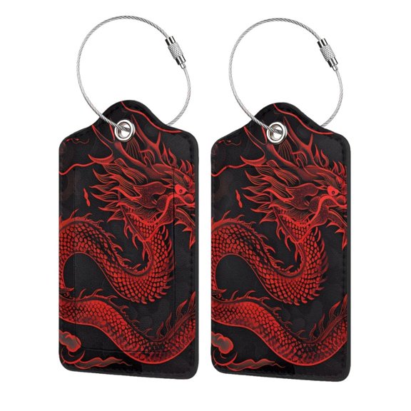 Fuzoiu Red Dragon On Black Print Premium Leather Luggage Tag,Travel Accessory,Luggage Tag for Suitcase Baggage Handbag Travel Bag,Name Card & Privacy Cover-1