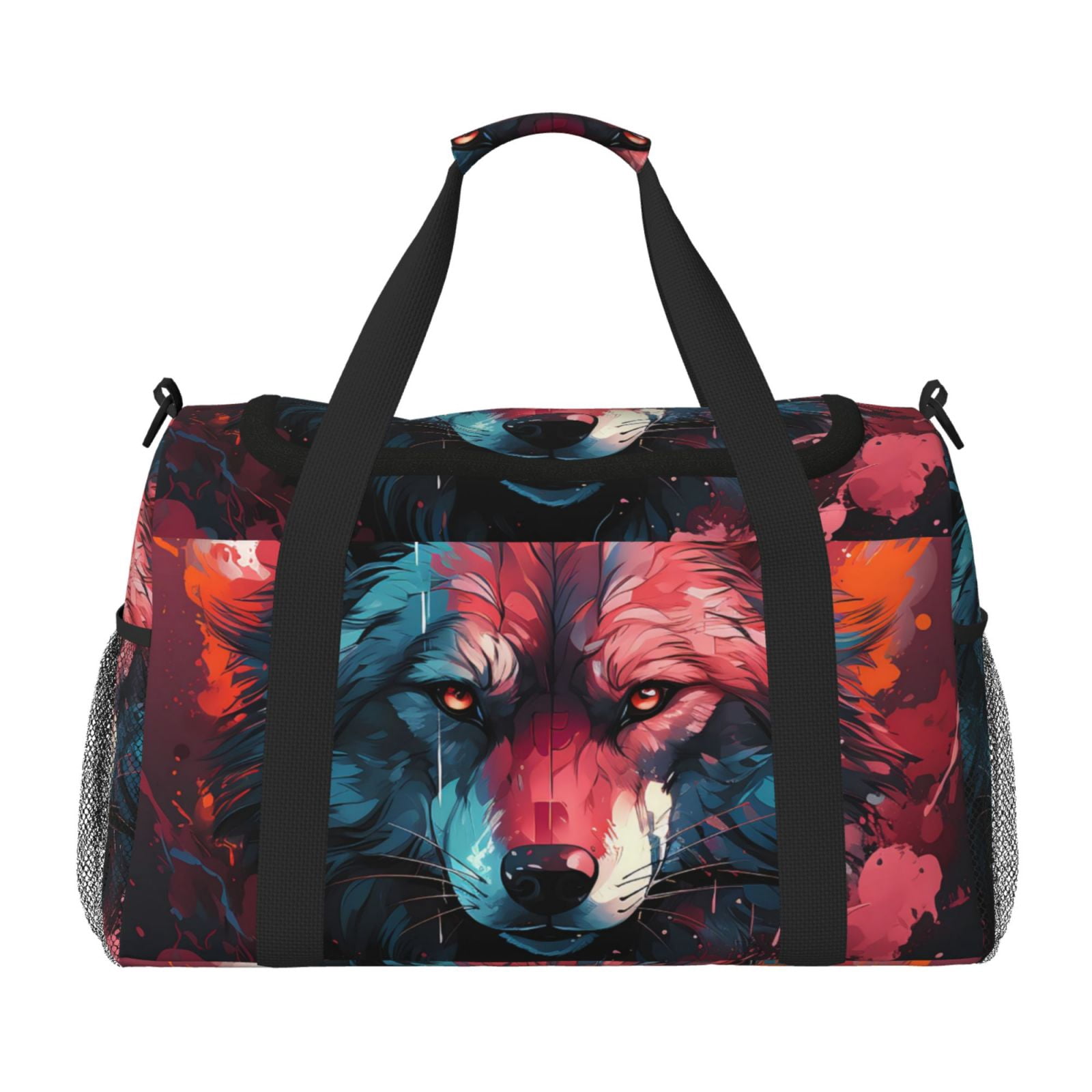 Fuzoiu Red Flame Wolf Head Print Travel Duffle Bag,Carry On Tote Bags,Duffel Bag,Sport Gym Bag, Hospital Bag for Labor and Delivery, Overnight Bag,Luggage Bag