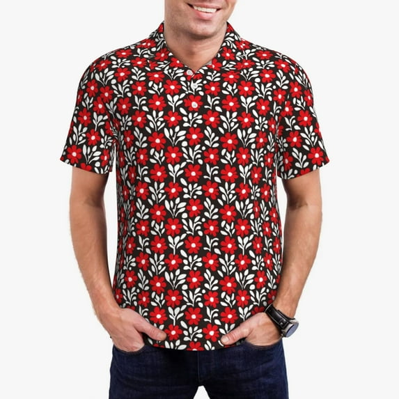 Fuzoiu Red Floral Print Men's Polo Shirts Short Sleeve,Golf Shirts for Men,Mens Golf Shirt Moisture Wicking Quick-Dry-Medium