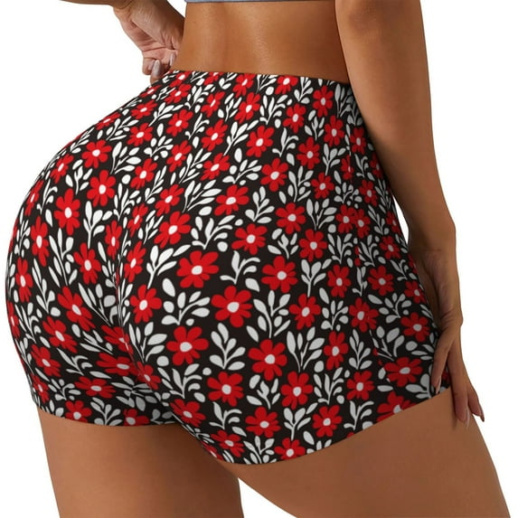 Fuzoiu Red Floral Print Women's Workout Shorts,Workout Biker Shorts Women,Exercise Fitness Shorts,Scrunch Short, Athletic Shorts for Gym Yoga Running Sport Active-Large