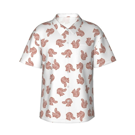 Fuzoiu Red Fox Print Hawaiian Shirt for Men, Summer Beach Casual Short Sleeve Button Down Shirts, Men’s Beach Summer Shirts with Pocket,Large