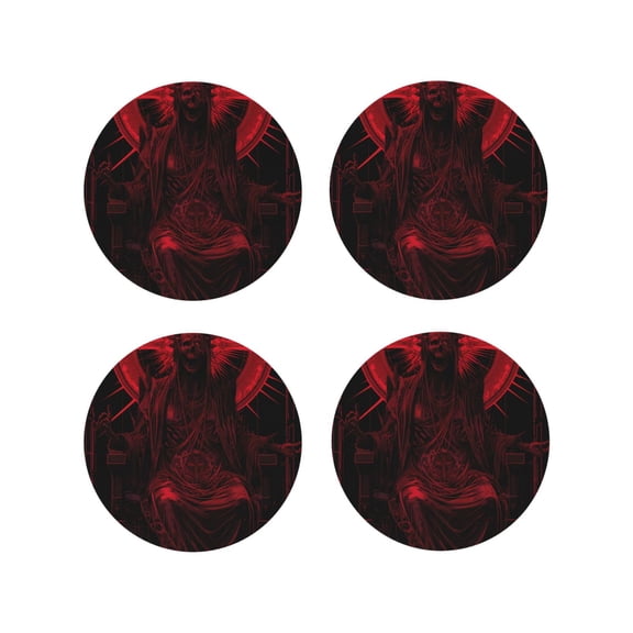 Fuzoiu Red Gothic Skeleton Throne Print Leather Coasters Set,Drink Coasters Set of 4,for Tabletop Protection, Durable PVC Coasters,Home Décor and Housewarming Gift-Round Shape