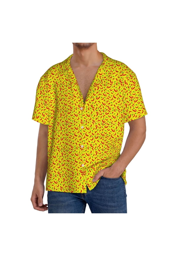 Red Hot Chilly Print Men's Casual Short,Men's Short Sleeve Shirt,Mens Casual Button Down Shirts,Cuban Collar Summer Shirt for Beach, Vacation, and Outdoor Activities-Medium