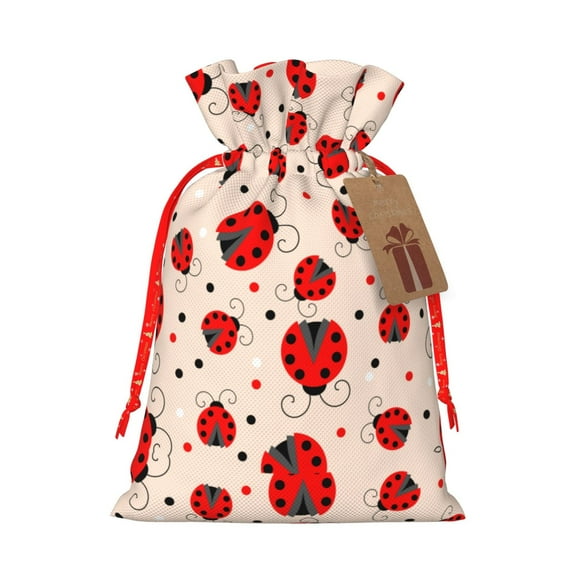 Fuzoiu Red Ladybug Print Christmas Gift Bag,Burlap Gift Bag with Drawstring Closure & Hang Tag,Perfect for Holidays, Birthdays, and Special Occasions-Small