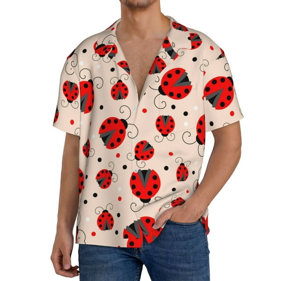 Fuzoiu Red Ladybug Print Men's Casual Short,Men's Short Sleeve Shirt,Mens Casual Button Down Shirts,Cuban Collar Summer Shirt for Beach, Vacation, and Outdoor Activities-X-Large