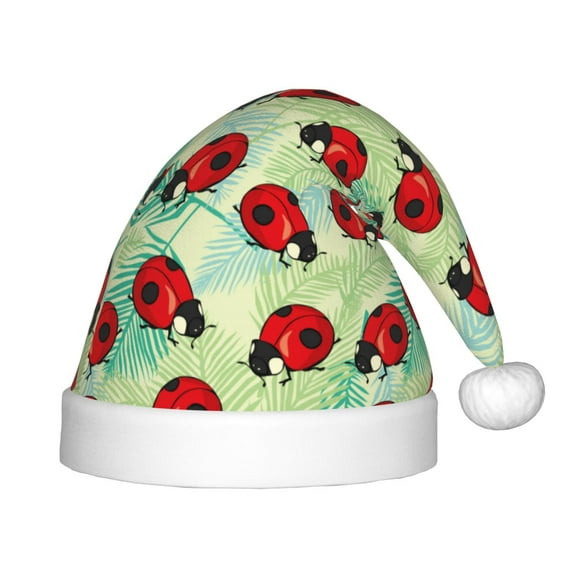 Fuzoiu Red Ladybugs And Leaf Print Santa Hat Christmas Hat for kids,Santa Hats with Pompom, Unisex Xmas Holiday Hat for Christmas New Year Festive Party Supplies