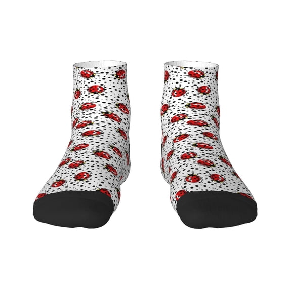 Fuzoiu Red Ladybugs On Black Dotted Print Adult Socks, Crew Moisture-wicking Socks, Unisex Cushion Crew Socks,Casual Sports Ankle Socks
