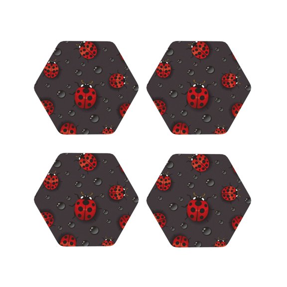 Fuzoiu Red Ladybugs Print Leather Coasters Set,Drink Coasters Set of 4,for Tabletop Protection, Durable PVC Coasters,Home Décor and Housewarming Gift-Hexagon