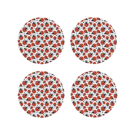 Fuzoiu Red Ladybugs Print Leather Coasters Set,Drink Coasters Set of 4,for Tabletop Protection, Durable PVC Coasters,Home Décor and Housewarming Gift-Round Shape