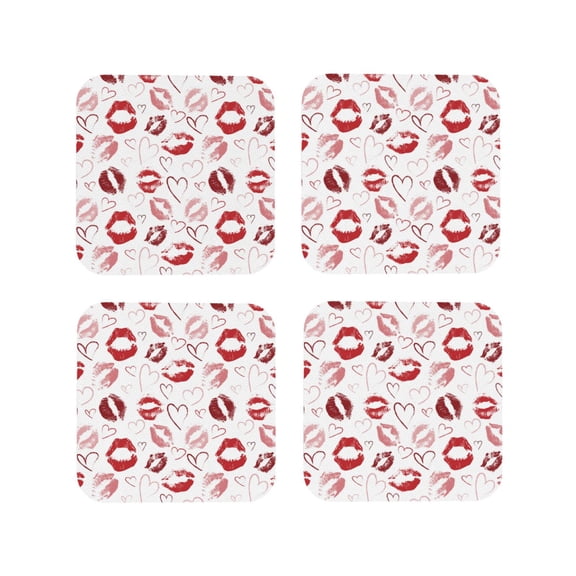 Fuzoiu Red Lips Print Leather Coasters Set,Drink Coasters Set of 4,for Tabletop Protection, Durable PVC Coasters,Home Décor and Housewarming Gift-Square