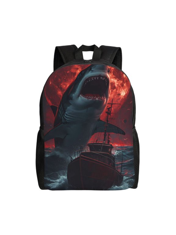 Red Moon Shark Sailboat Print Laptop Backpack,Work Business Backpacks, Large Capacity Nurse Bag College Bookbag for School, Waterproof Casual Daypack for Travel
