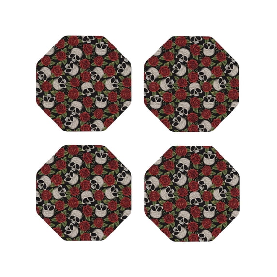 Fuzoiu Red Rose Skull Print Leather Coasters Set,Drink Coasters Set of 4,for Tabletop Protection, Durable PVC Coasters,Home Décor and Housewarming Gift-Octagon