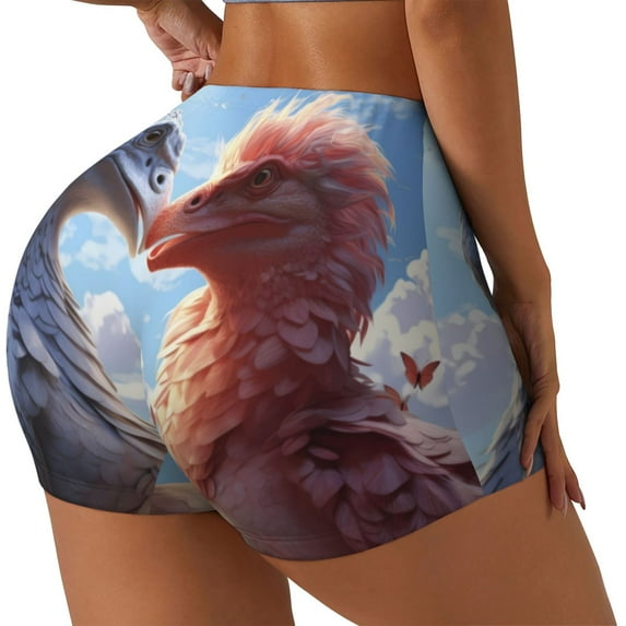 Fuzoiu Red And White Bird Couple Print Women's Workout Shorts,Workout Biker Shorts Women,Exercise Fitness Shorts,Scrunch Short, Athletic Shorts for Gym Yoga Running Sport Active-Medium
