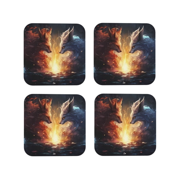 Fuzoiu Red And White Flame Fox Print Leather Coasters Set,Drink Coasters Set of 4,for Tabletop Protection, Durable PVC Coasters,Home Décor and Housewarming Gift-Square