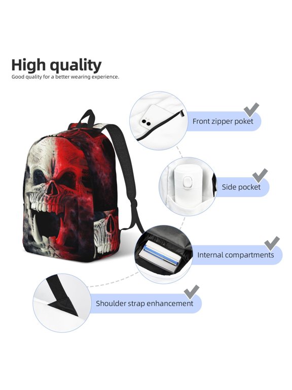 Red And White Screaming Demon Skull Print Canvas Backpack,Lightweight Travel Daypack,School Backpack Purse for Women Men, Casual Aesthetic Backpack